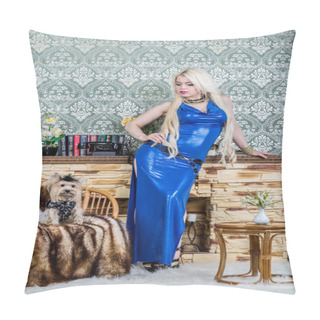 Personality  Luxurious Blonde Woman In A White Dress With A Dog Pekingese Pillow Covers