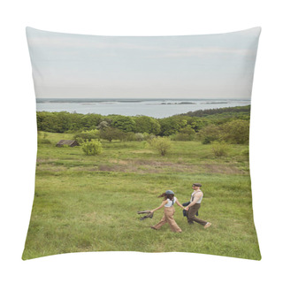 Personality  Fashionable Man In Sunglasses And Vintage Outfit Holding Hand Of Girlfriend In Newsboy Cap And Walking Together On Grassy Lawn With Nature At Background, Stylish Couple Enjoying Country Life Pillow Covers