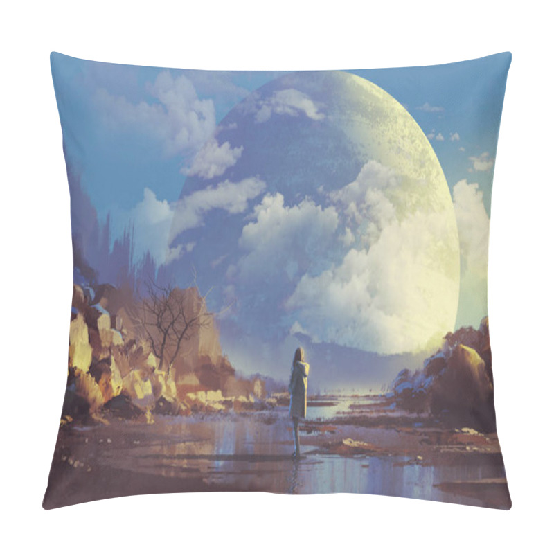 Personality  scenery of lonely woman looking at another earth pillow covers