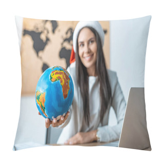 Personality  Cheerful Travel Agent Showing Globe And Smiling At Camera Pillow Covers
