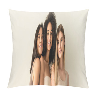 Personality  Young Interracial Models In Underwear Smiling While Posing Isolated On White, Banner Pillow Covers