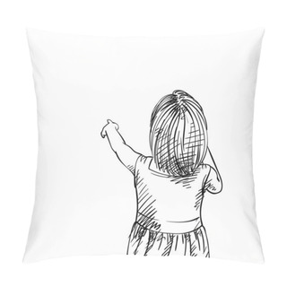 Personality  Sketch Of Little Girl Pointing With Finger, View From Back, Hand Drawn Vector Illustration Pillow Covers