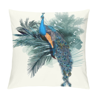 Personality  Illustration With Vector Realistic Peacock Bird On Palm Jungle Background Pillow Covers