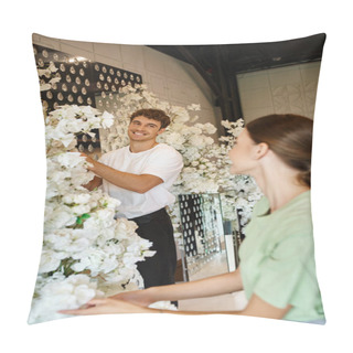 Personality  Smiley Decorator Arranging Flower Decor In Event Hall And Looking At Colleague On Blurred Foreground Pillow Covers
