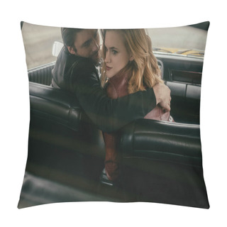 Personality  High Angle View Of Young Couple In Leather Jackets Embracing While Sitting In Vintage Automobile Pillow Covers