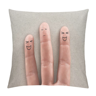 Personality  Partial View Of Man Showing Three Fingers Symbolizing Laughing Abusers And Sad Victim On Grey Background Pillow Covers