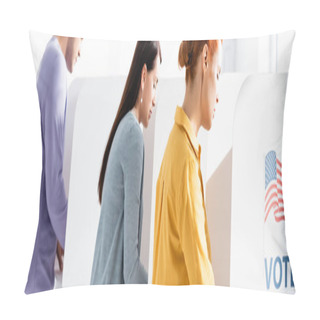 Personality  Voters In Polling Cabins With American Flag And Vote Lettering On Blurred Background, Banner Pillow Covers