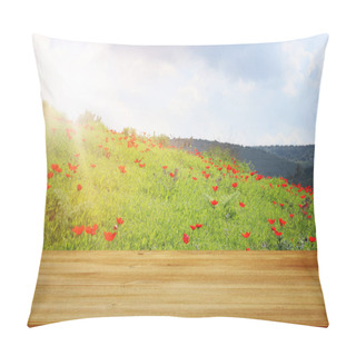 Personality  Wooden Rustic Table In Front Of Field Red Poppies. Product Display And Picnic Concept. Pillow Covers