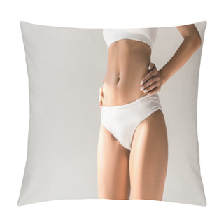 Personality  Cropped View Of Slim Woman In Underwear Posing With Hands On Hips Isolated On Grey Pillow Covers