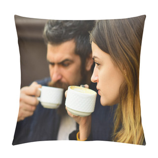 Personality  Girl And Bearded Guy Have Coffee On Brown Terrace Background. Pillow Covers