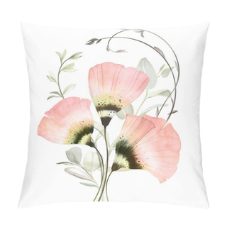 Personality  Watercolor Floral Composition. Pastel Color Abstract Poppies With Eucalyptus Branches. Blush Transparent Flowers In Modern Boho Style. Summer Field Flowers With Green Leaves Pillow Covers