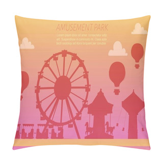Personality  Amusement Park Silhoettes On Gradient Background Vector Illustration. Carousels. Slides And Swings, Ferris Wheel Attraction And Air Baloon Amusement Gradient Park Poster. Pillow Covers