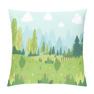 Personality  Spring Landscape With Trees, Mountains, Fields, Bushes, Flowers And Fir Trees. Vector Illustration Pillow Covers