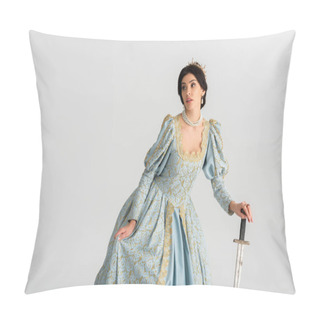 Personality  Attractive Queen With Crown Holding Sword Isolated On Grey Pillow Covers