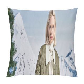 Personality  Beautiful Stylish Woman In Modish Warm Jacket With Mountain Backdrop, Winter Fashion, Banner Pillow Covers