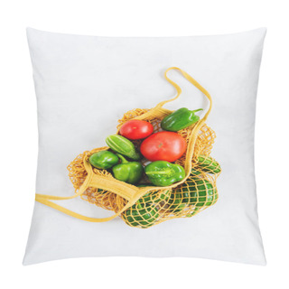 Personality  Top View Of Fresh Green Vegetables In Net Bag On White Concrete Background Pillow Covers