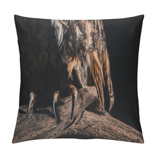 Personality  Cropped View Of Wild Owl Sitting On Wooden Branch Isolated On Black Pillow Covers