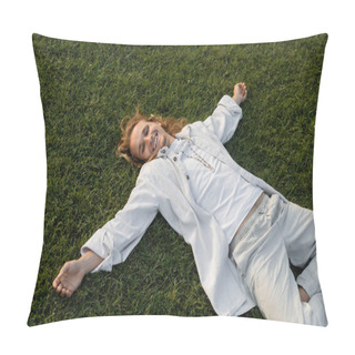 Personality  High Angle View Of Overjoyed Man In White Shirt And Pants Relaxing On Green Grass Outdoors Pillow Covers
