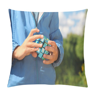 Personality  Hands Of Boy With Magic Cube Outdoor In Summer Pillow Covers