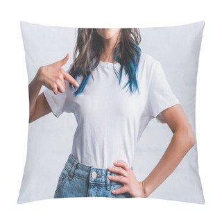 Personality  Cropped Image Of Young Woman Pointing By Finger On Empty White T-shirt  Pillow Covers