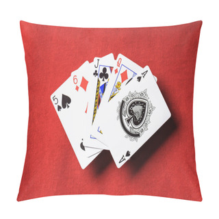 Personality  Top View Of Red Poker Table And Unfolded Playing Cards With Different Suits Pillow Covers