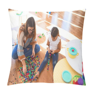 Personality  Beautiful Teacher And Toddler Playing With Building Blocks Toy Around Lots Of Toys At Kindergarten Pillow Covers