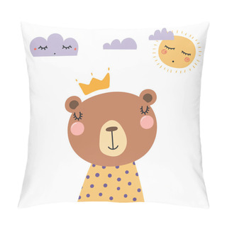 Personality  Hand Drawn Cute Funny Bear In Shirt And Crown, With Sun And Clouds Isolated On White Background Pillow Covers