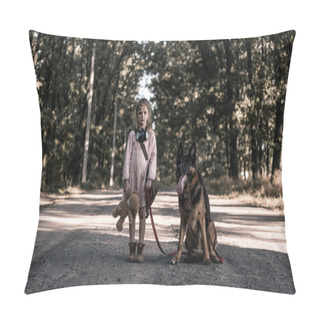 Personality  Upset Kid Standing On Road With Teddy Bear And German Shepherd Dog, Post Apocalyptic Concept Pillow Covers