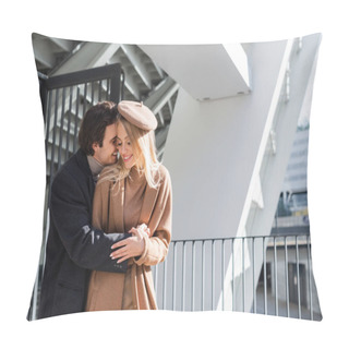 Personality  Happy Man Hugging Woman In Autumn Coat And Beret Near Fence And Building Pillow Covers