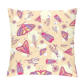 Personality  Pink And Yellow Summer Pattern With Flying Moths And Plants. Repeat Background With Night Butterflies, Dandelions, Leaves And Branches. Textile Texture For Women With Insects, Bugs And Flowers. Pillow Covers