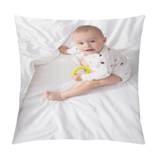 Personality  Overhead View Of Little Boy With Rattle Ring Looking At Camera While Sitting On White Bedding Pillow Covers