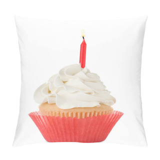 Personality  Tasty Cupcake With Candle On White Background Pillow Covers