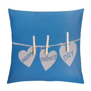 Personality  Grey Heart-shaped Greeting Cards Hanging On Rope With Clothespins Isolated On Blue Pillow Covers