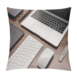 Personality  Close-up Shot Of Different Wireless Gadgets On Graphics Designer Workplace Pillow Covers
