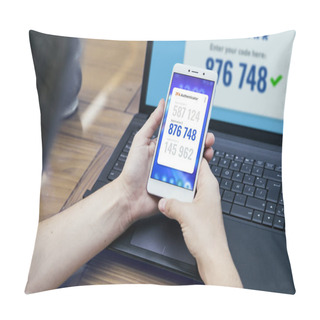 Personality  2FA Two Factor Authentication On Laptop Computer And Mobile Phone App. 2-step Authentication, Two Steps Verification Code Password Concept. Secure Access To The Network. Pillow Covers