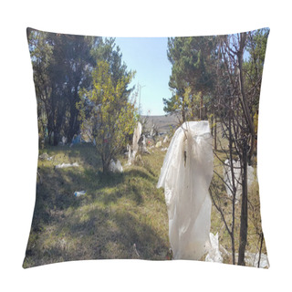 Personality  Plastic Bags In The Forest On The Trees Move In The Wind. There Is A Lot Of Garbage In Nature. Social Issues Related To Environmental Protection. Landfill. Pollution Of Nature. Pillow Covers