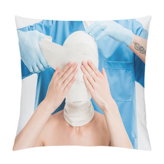 Personality  Close Up Of Plastic Surgeon In Gloves Taping Up Woman Face With Bandage Isolated On White Pillow Covers