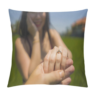 Personality  Romantic Marriage Proposal . Close Up Hands Of Happy Asian Couple In Love Holding Together , The Woman With Engagement Ring On Her Finger Isolated On Green Field Pillow Covers