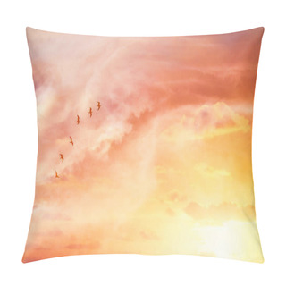 Personality  Surreal Enigmatic Picture Of Flying Birds In Sunset Or Sunrise Sky . Minimalism And Dream Concept. Pillow Covers