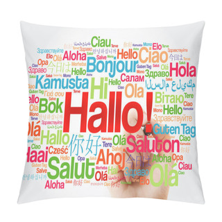Personality  Hallo (Hello Greeting In German) Word Cloud In Different Languages Of The World, Background Concept Pillow Covers