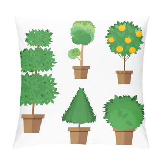 Personality  Set Of Street Trees And Shrubs In Pots. Vector, Illustration In Flat Style Isolated On White Background EPS10. Pillow Covers