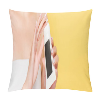 Personality  Cropped View Of Woman Holding Hand Cream Isolated On Yellow, Panoramic Shot Pillow Covers