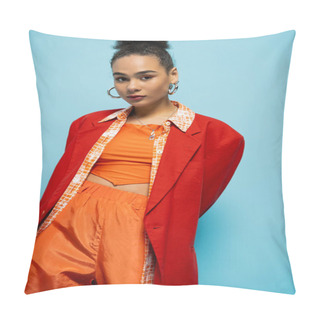 Personality  Attractive Young Model In Stylish Red Blazer And Orange Suit Slightly Smiling And Looking At Camera Pillow Covers