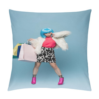 Personality  Fashionable Asian Woman Holding Purchases And Posing On Blue Background  Pillow Covers