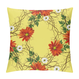 Personality  Pattern, Seamless. Old Style. Weaving From Twigs. Autumn Flowers. Orange And White Chrysanthemums. Floral Background.  Pillow Covers