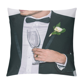 Personality  Partial View Of Bridegroom Holding Champagne Glass Isolated On White Pillow Covers