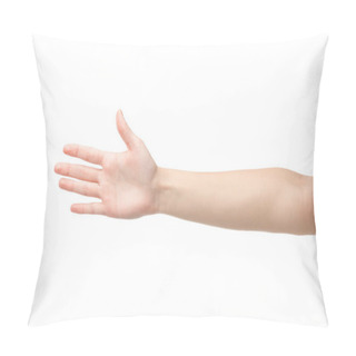 Personality  Cropped View Of Woman Showing Palm Isolated On White Pillow Covers