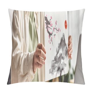 Personality  Cropped Horizontal Banner Of Teenage Girl Showing Her Artwork, Online Art Class On Laptop Pillow Covers