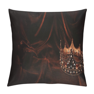 Personality  Banner Of Gold Crown Over Gothic Dark Silk Background. Medieval Period Concept Pillow Covers