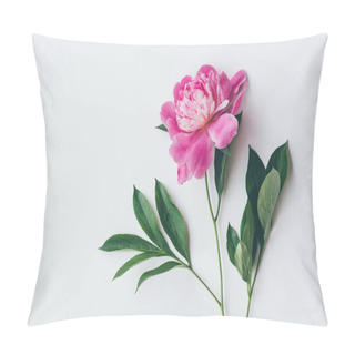Personality  Top View Of One Pink Peony With Leaves Isolated On White Pillow Covers